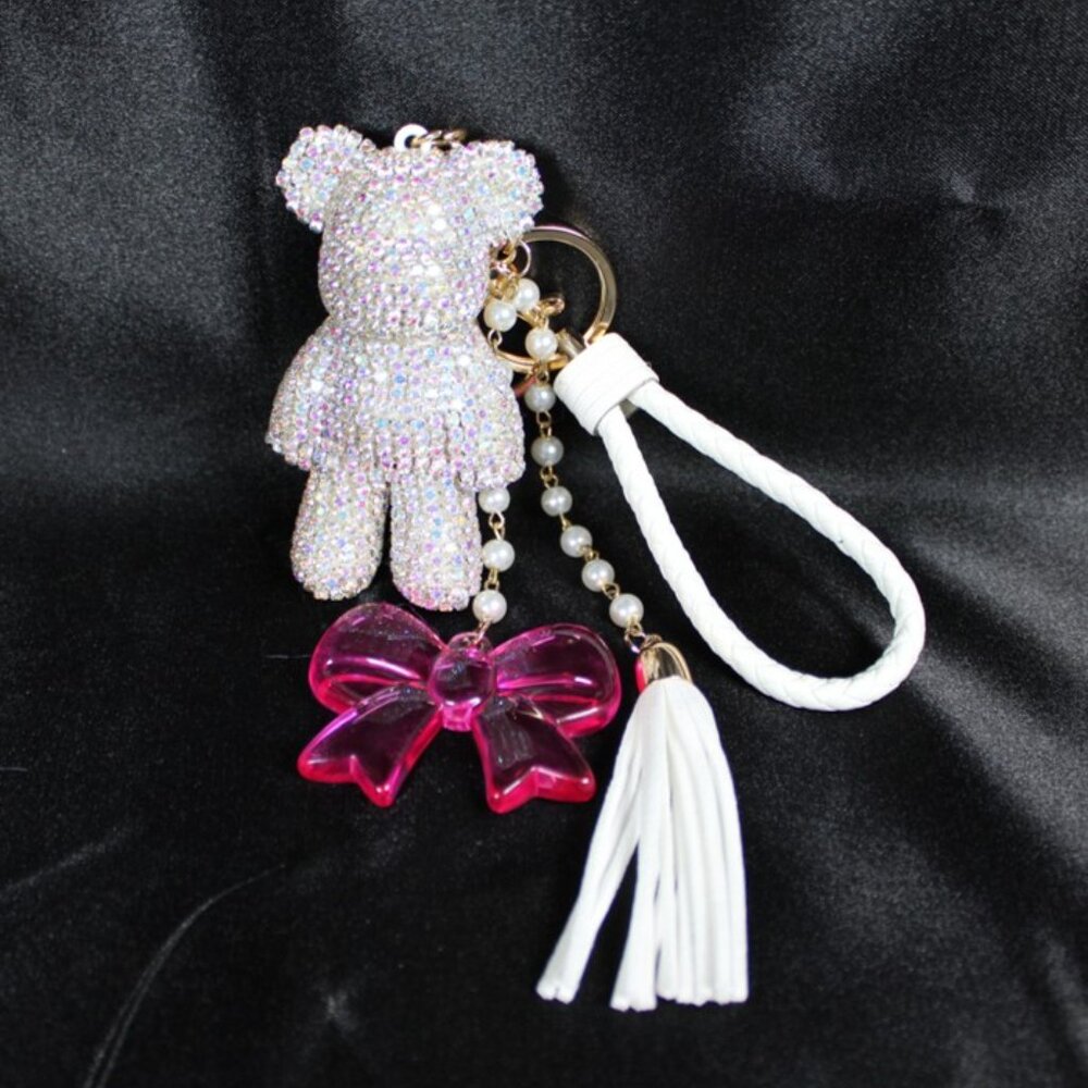 Handcrafted Rhinestone Teddy Bear Bag Charm Pearl Pink Bow Tassel Gold Tone - Picture 4 of 8